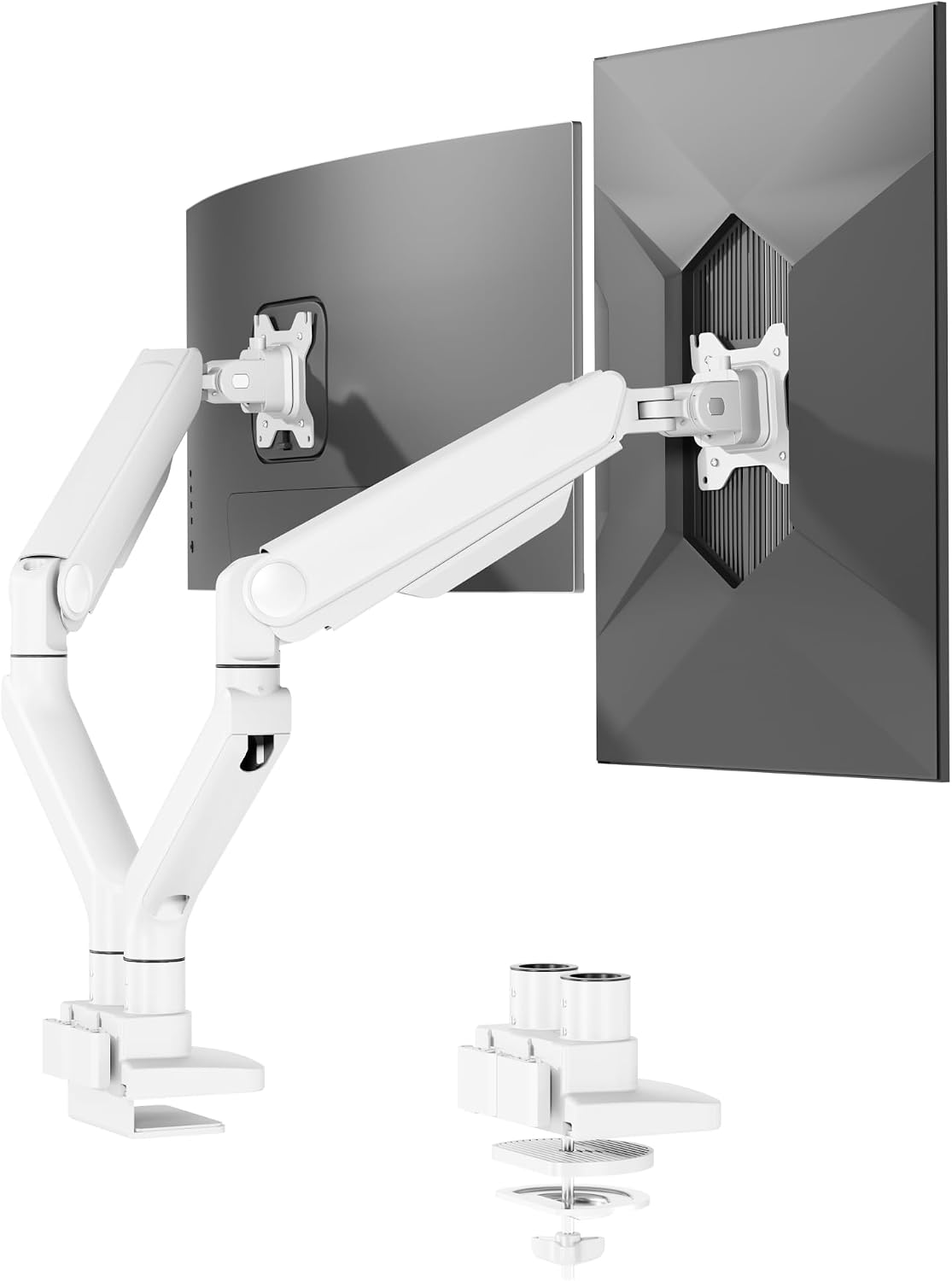 FlexiSpot Monitor Stand, Heavy Duty Dual Monitor Arm for Ultrawide Screen up to 39" and 44 Lbs, Adjustable Gas Spring Arm with C Clamp & Grommet Base for Gaming Office, 75/100 VESA Mount, White