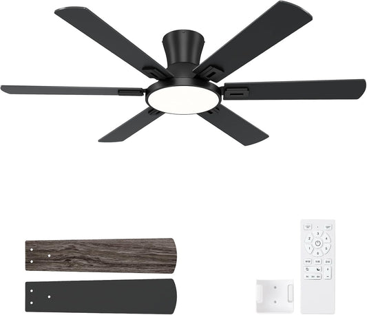52 Inch Black Ceiling Fans with Lights, Flush Mount Ceiling Fan with Remote