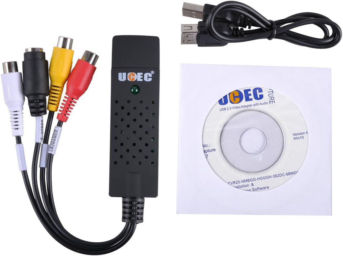 UCEC RCA to USB Converter, USB 2.0 Audio Video Capture Card Device for PC, Analog to Digital Video Converter, VHS VCR TV to DVD Converter Support Win 2000/ Win Xp/Win Vista/Win 7/ Win 8/ Win 10