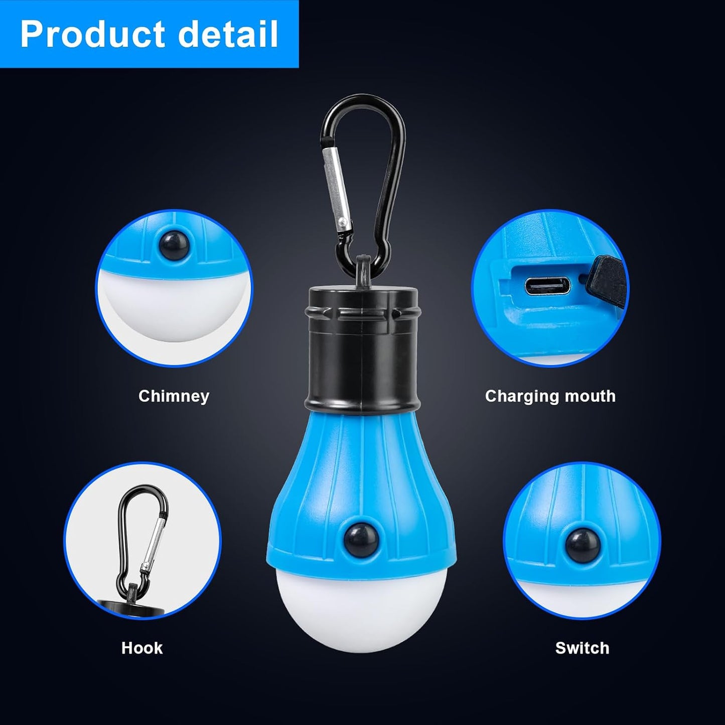 Jarxin Led Camping Lantern USB Rechargeable,Outdoor Tent Lights | Camping Hanging,with Clip Hook Camping Flashlight (4 Packs Black)