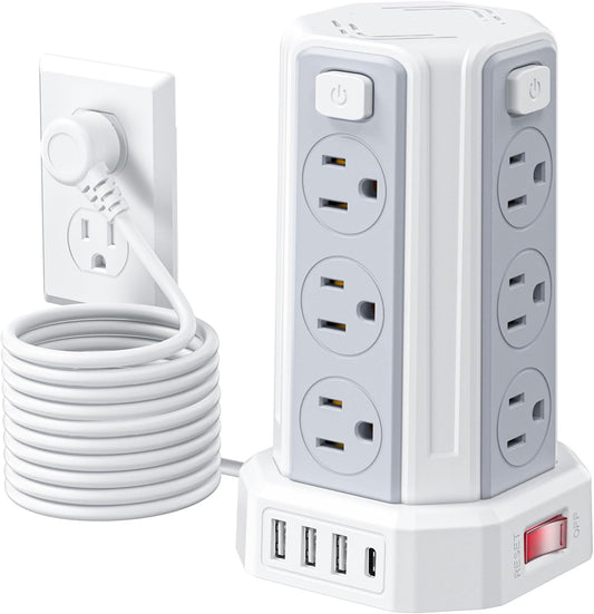 Power Strip 10 Ft Extension Cord with 12 AC Multiple Outlets 4 USB (1 USB C), SMALLRT Power Strip Tower Desktop Charging Station for Home Office College Dorm Essentials