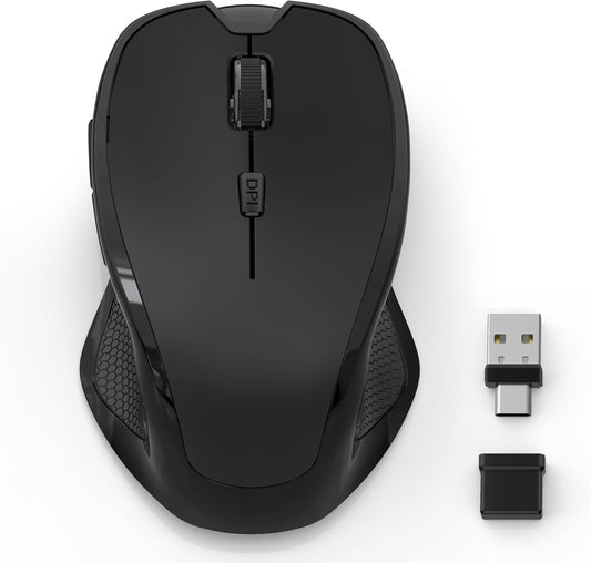Wireless Bluetooth Mouse for MacBook, Laptop, iPad Air/Pro, Rechargeable Silent Optical Mouse with Jiggler, Dual Mode Bluetooth 5.2/3.0 & 2.4G USBA/USBC Type-C Receiver (Black)