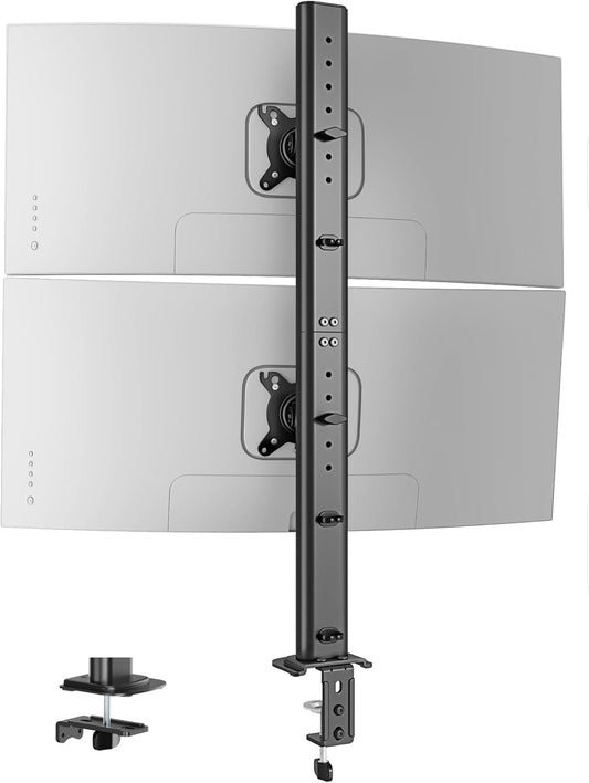 Pegzone Vertical Dual Monitor Mount for 17–34 Inch Screens, 33 lbs per Arm | Stacked Monitor Stand, 33.1" Extra Tall Pole, Full Motion Height Adjustable Mount, 75/100 VESA, Clamp & Grommet