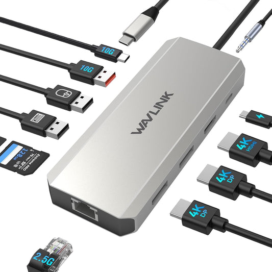 Laptop Docking Station,WAVLINK Triple Monitors Dock,Dual DisplayPort,HDMI | Single 8K@30Hz, 100W PD in, 3×USB-C/A 10Gb, 2.5G Ethernet, SD/TF and Mic/Audio, Compatible with Dell/HP/Lenovo, Windows Only