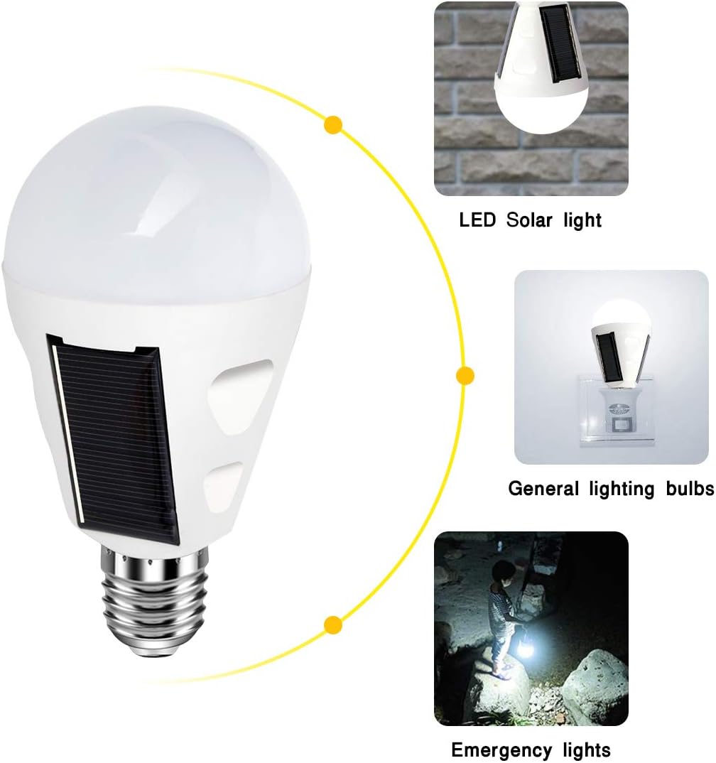 4 Pack LED Solar Emergency Light Bulbs for Home Power Failure, E26/E27 7W Rechargeable Battery Backup Bulb, Hurricane Supplies for Home, White Daylight 6000k Outdoor Hiking Camping Light