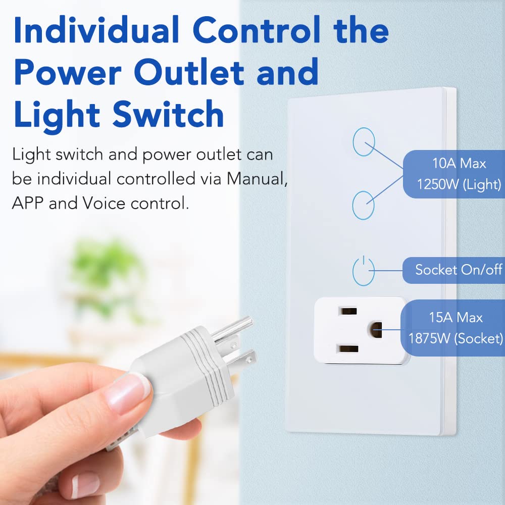 Combination Touch Light Switch and WiFi Power Wall Outlet, Tuya APP Smart Life, 15A /90-250V AC 60Hz, Combo Style, White