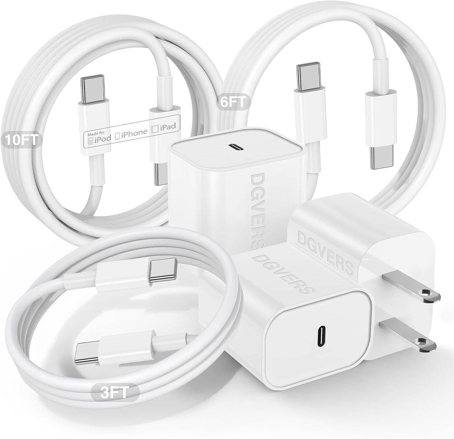 20W Fast Charger USBC for iPhone 17 16 15 & 3/6/10FT Charging Cable Cord