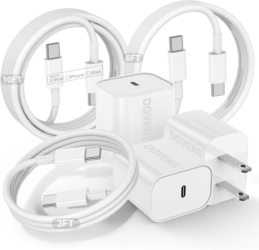 20W Fast Charger USBC for iPhone 17 16 15 & 3/6/10FT Charging Cable Cord