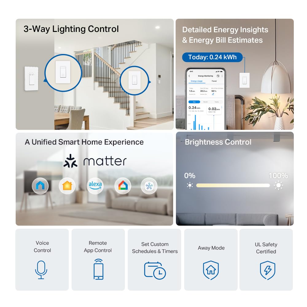 Tapo Matter Smart 3-Way Dimmer Switch Kit, S515D KIT | Energy Monitoring, Neutral Wire Required, Works with Alexa/Siri/Google Home/SmartThings, UL Certified, 2.4GHz Wi-Fi