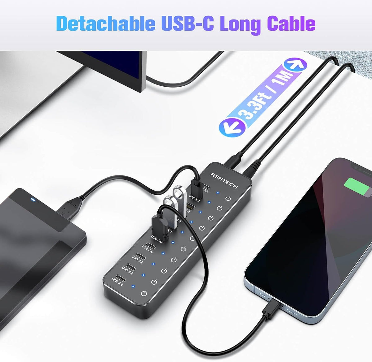 RSHTECH 10-Port Powered USB 3.2/USB C Data Hub Splitter 60W, RSH-ST10C-6