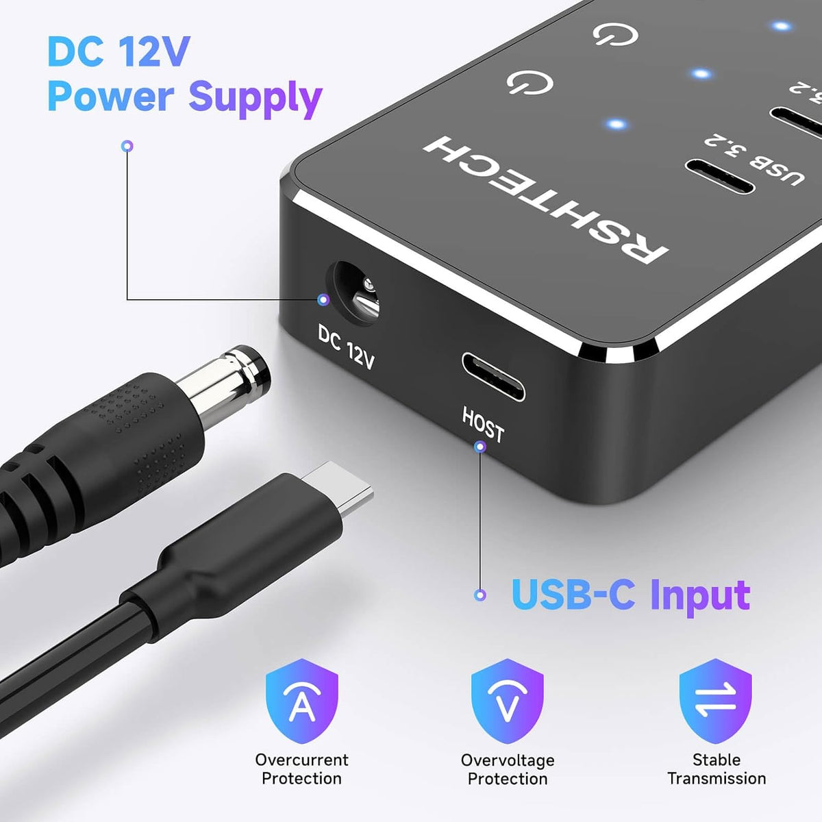 RSHTECH 10-Port Powered USB 3.2/USB C Data Hub Splitter 60W, RSH-ST10C-6