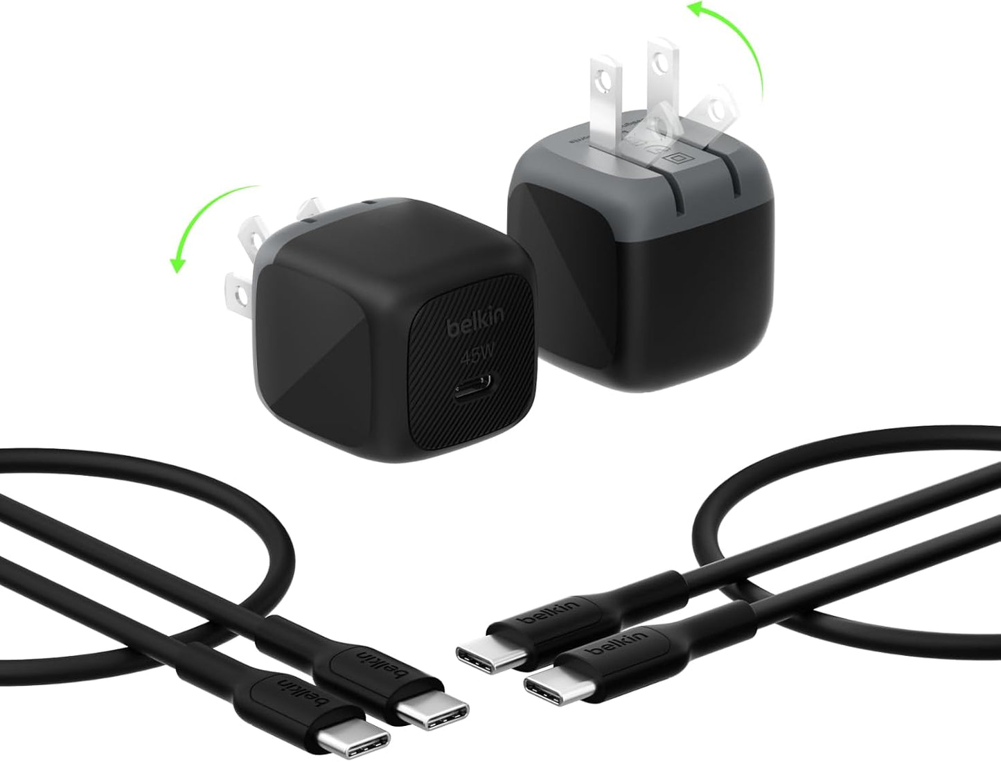 Belkin 45W Compact USB C Charger Block, 2 Pack, Fast Charging for Travel | PD 3.1, PPS, Travel Charger, Chromebook, iPad, iPhone 17, Samsung Galaxy, Pixel, Foldable Prongs, 3.3 ft Cables Included