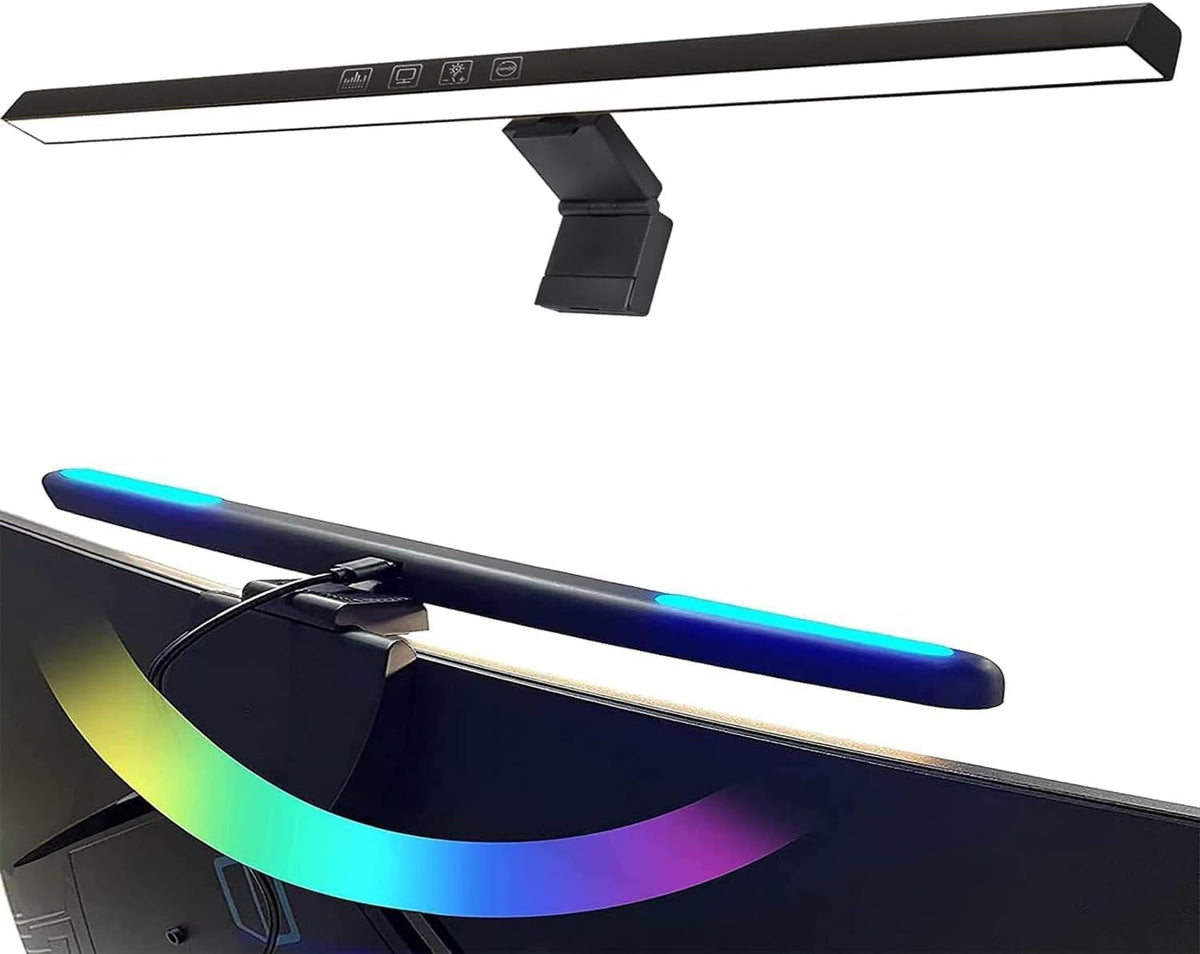 16" Flat Monitor Light Bar with RGB Backlight & 60-Min Timer, 3000-6000K Stepless Dimming, 0.3-0.8" Clamp for Office/Gaming, USB-C Eye Care Desk Lamp (Touch Control/Blue Light Filter)