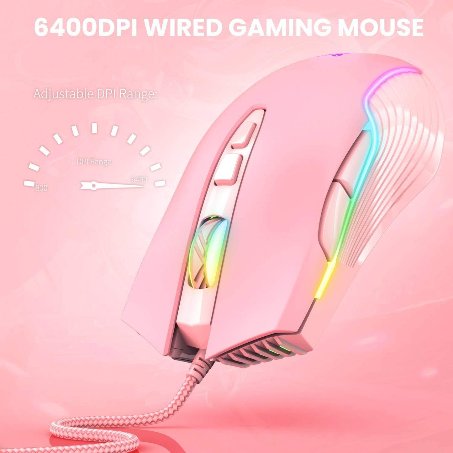 RGB Gaming Mouse Wired, 6400 DPI & 7 Buttons, Pink | USB optical mouse - 6 adjustable DPI levels & 7 programmable buttons, ergonomic design for laptop/Windows PC/Vista/Linux/Mac