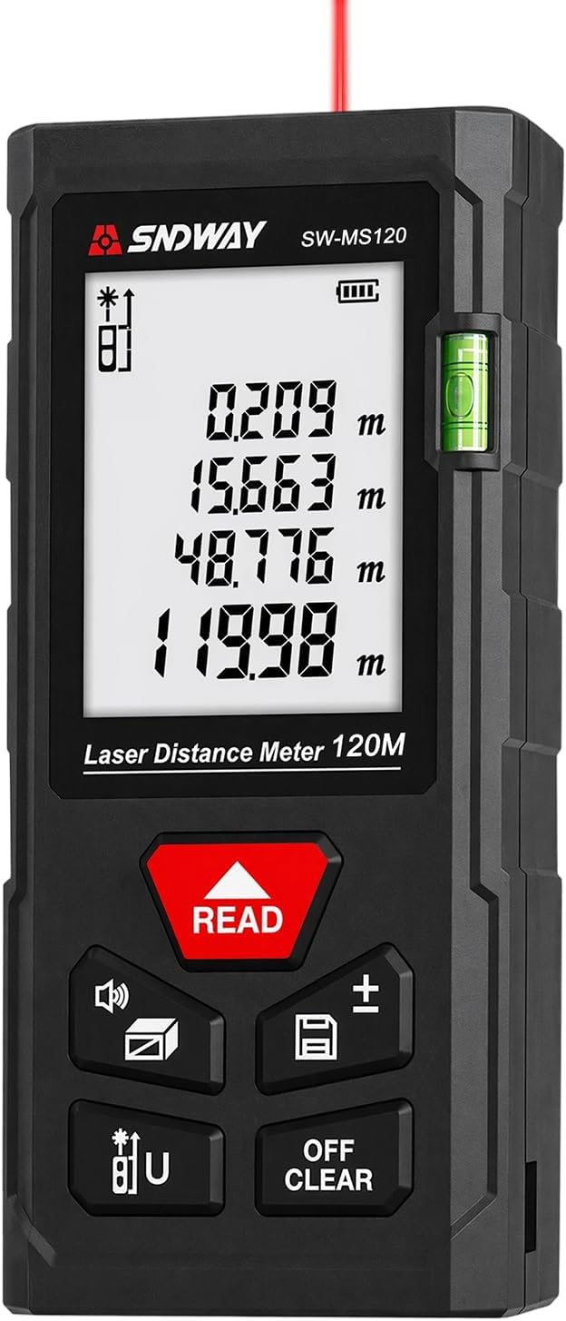 SNDWAY Laser Measuring Tool 393Ft with Bubble Levels and ±1/16" Accuracy | 2.0" Backlit Display, Area Measurement,Volume and Pythagoras for Indoor&Outdoor