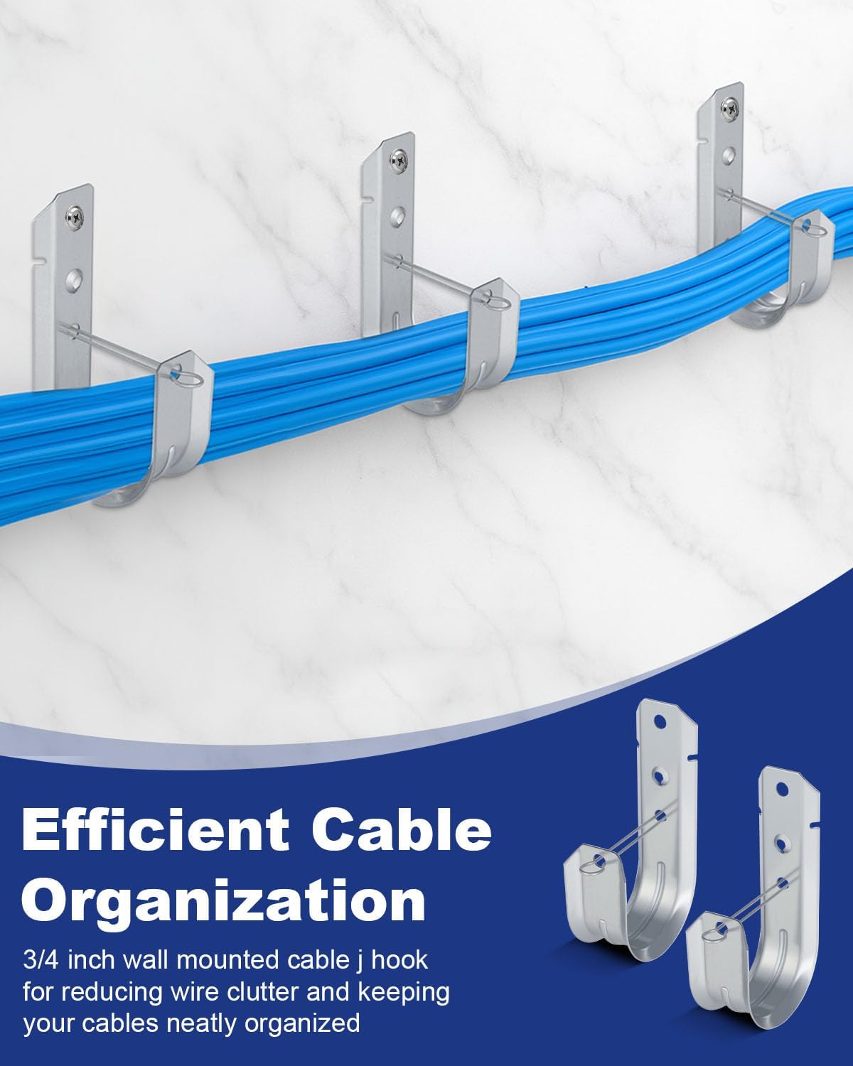 2" 50 PCS Galvanized Steel J-Hooks | Heavy Duty Wall Mount Cable Support J Hook with Retainer Clip for Cable Management