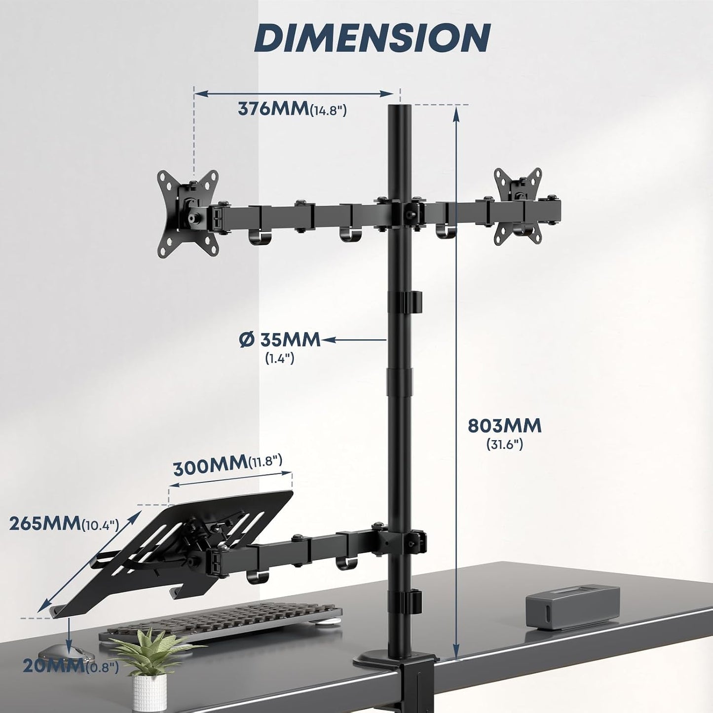Dual Monitor Stand and Laptop Mount, Fits 32" Monitor &amp; 15" Laptops | Extra Tall Adjustable Stand Holds 19.8 lbs per Arm, Sturdy C-clamp/Grommet Base, Egonomic Setup for Home Office,Black