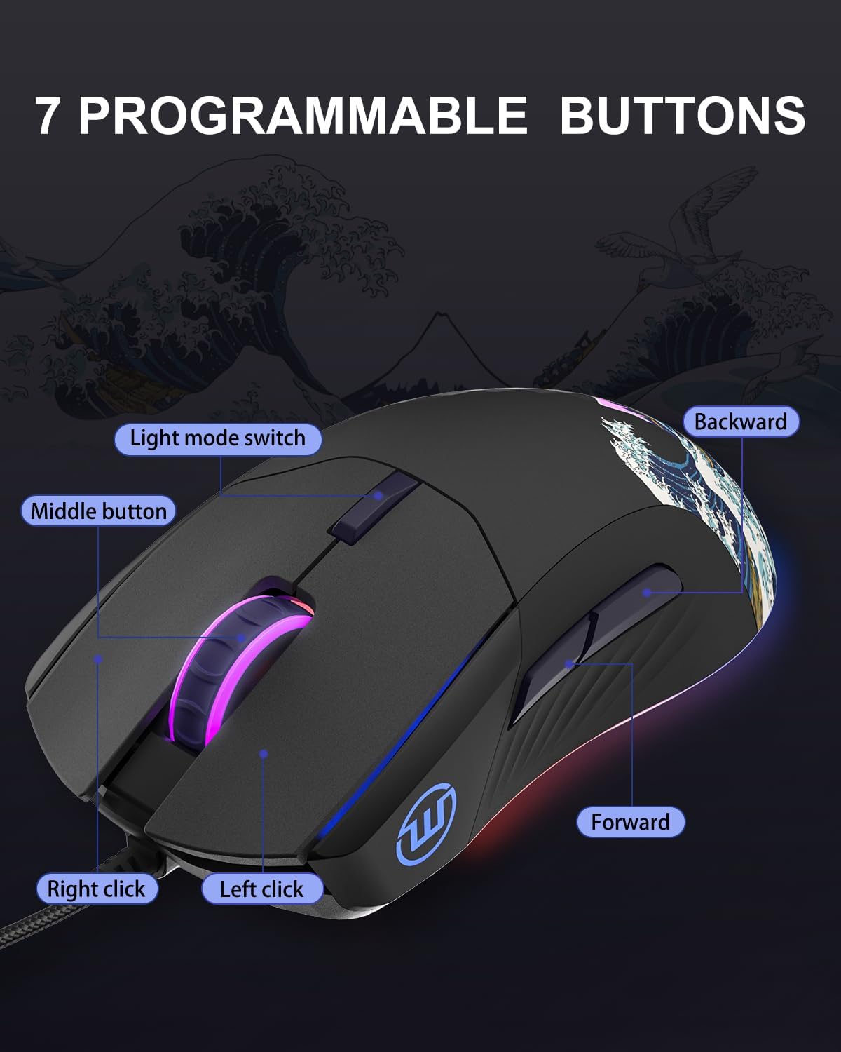 COSTOM Womier USB Wired Gaming Mouse for PC Computer Windows Mac Laptop | Lightweight Silent RGB Backlit Mouse with Adjustable 12000DPI/7 Programmable Side Buttons, Black Kanagawa Theme-G705 V2