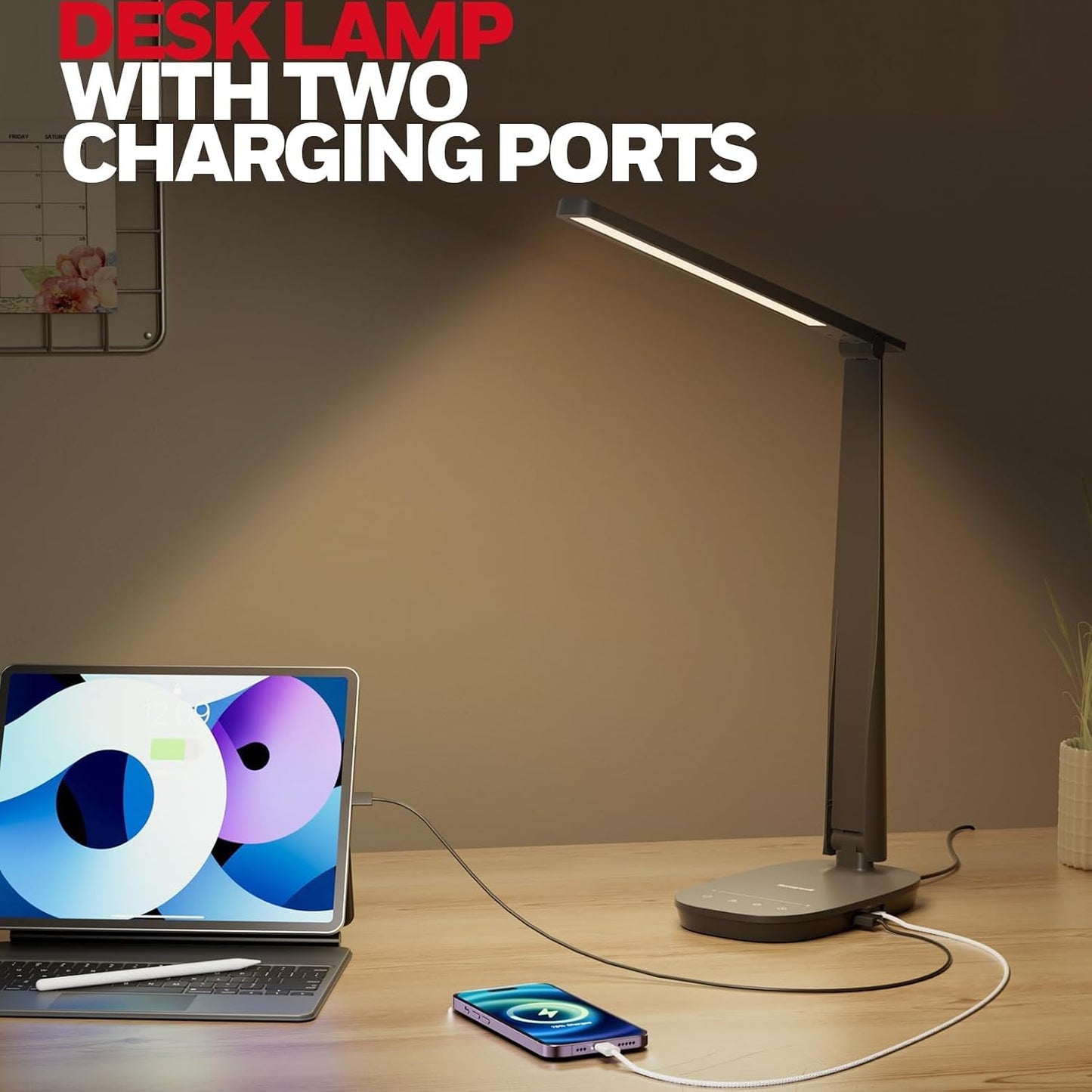 Honeywell HWT-H2 LED Desk Lamp for Home Office, CRI94 Full Spectrum Eye-Caring Light, Dimmable Table Lamp with USB-A & USB-C Charging Ports, Foldable Touch Control Reading Lamp, Black
