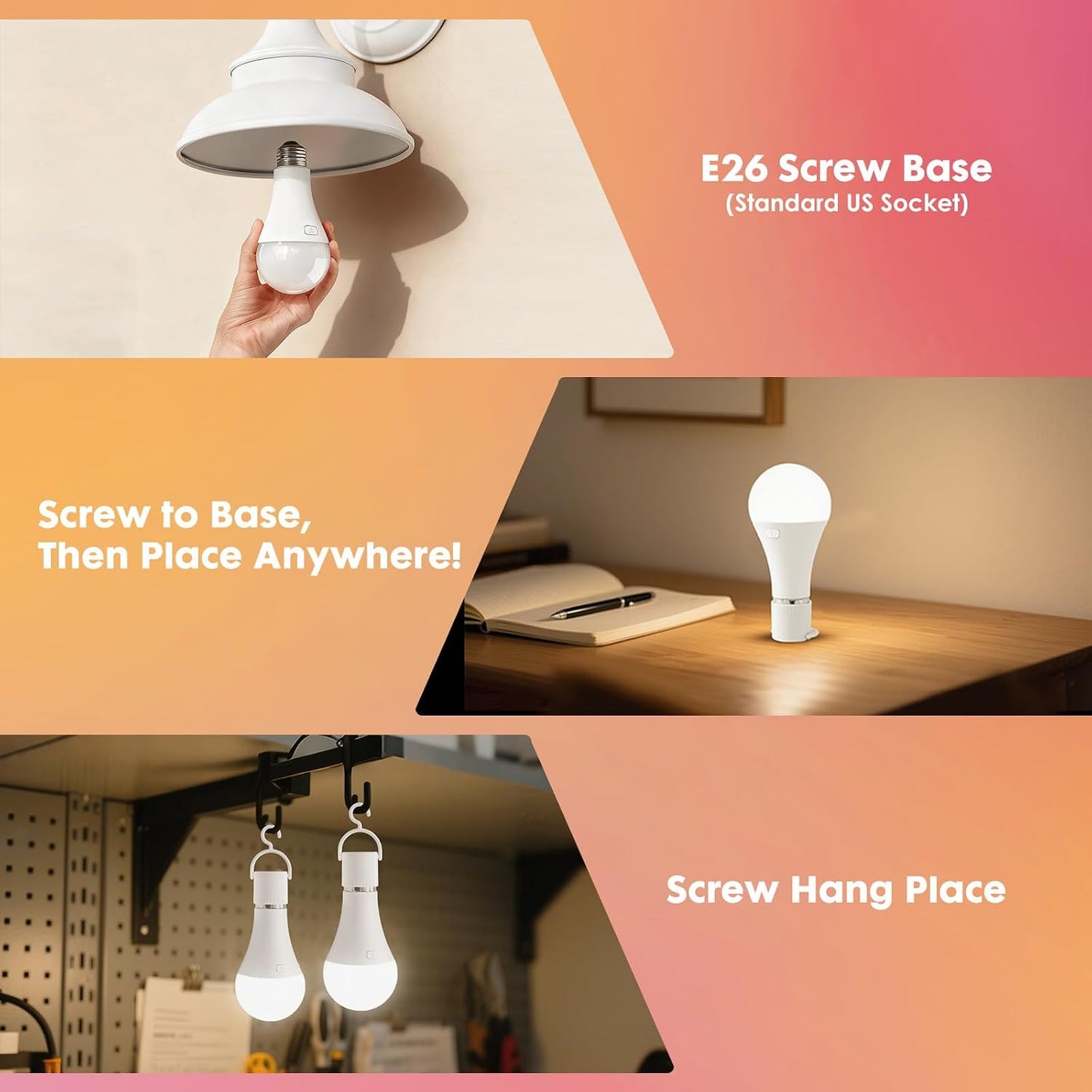 2Pack E26 Rechargeable Light Bulbs with Remote, A19 40W Equivalent Bulb, Soft Warm White 2700K, 400LM Dimmable 5W LED Light Bulb with 15 Colors 3 Timer for Non-Wired Lamp Sconce, Touch, Remote Control