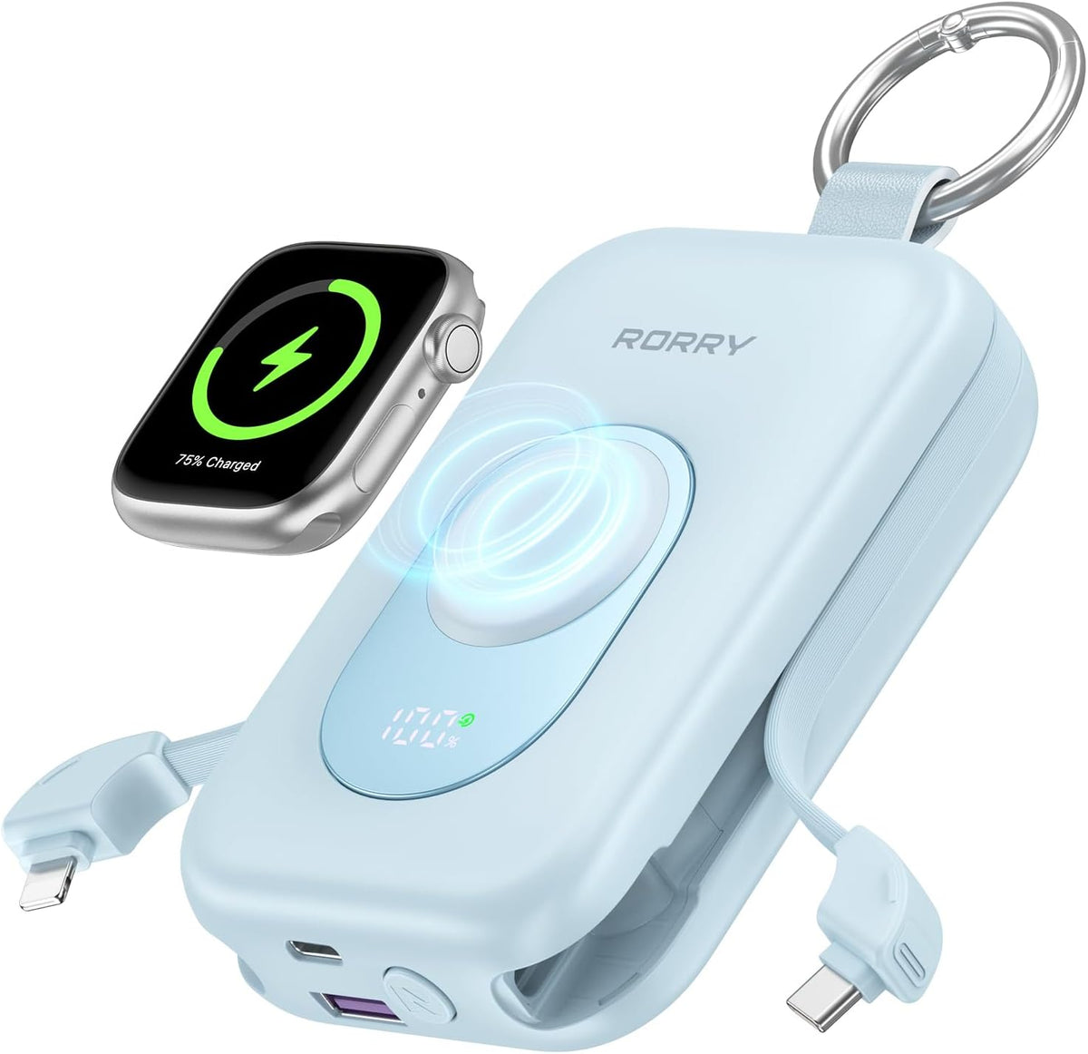 RORRY CharmGo Portable Charger, 20000mAh PD 30W Portable Charger Power Bank | Built-in Cables, Fast Charging Keychain Portable Battery Pack, Travel Essentials for iPhone, Apple Watch, iPad