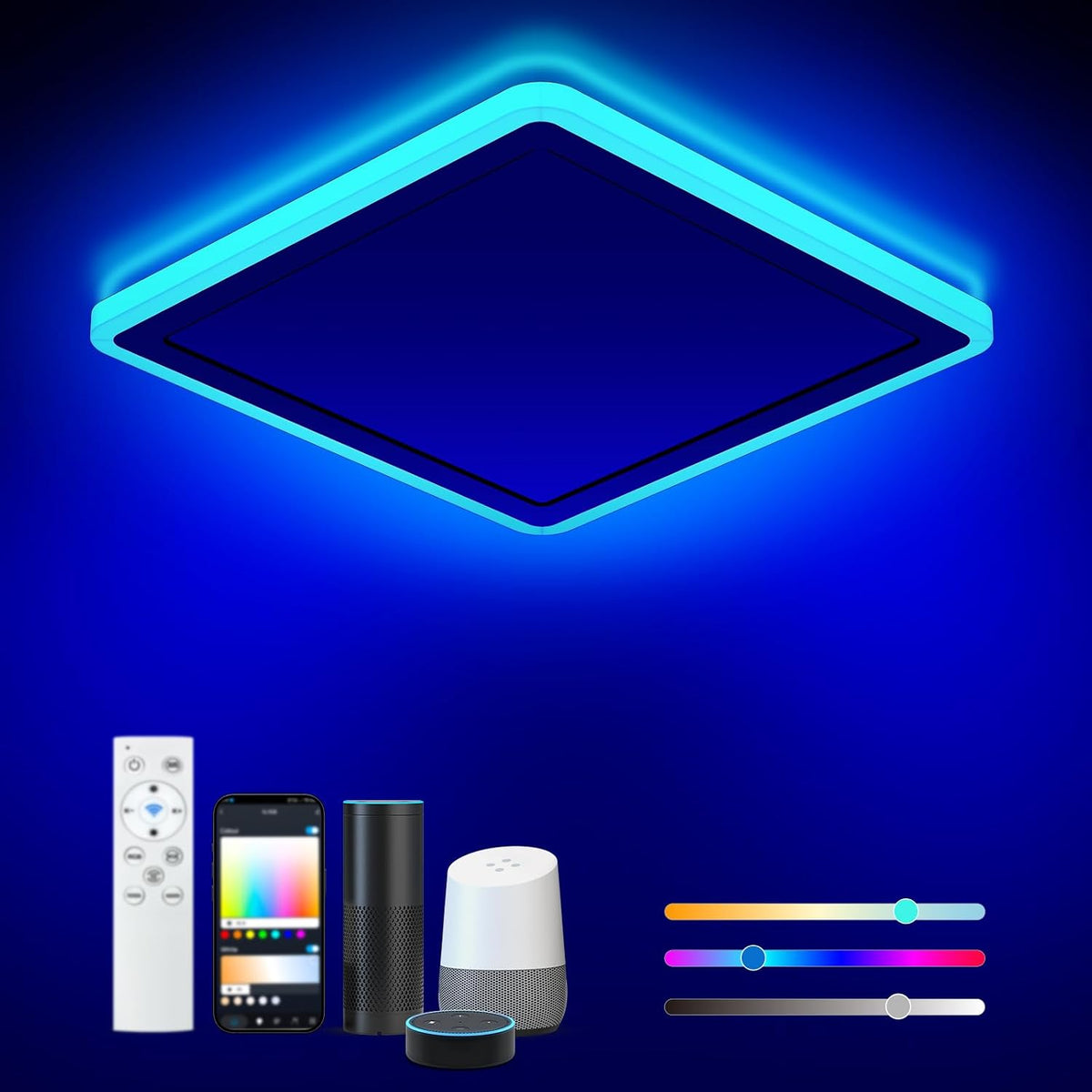 Annaror Smart LED Ceiling Light WiFi, 13in RGB Flush Mount Lighting Fixture with Remote, Compatible with Alexa Google Home, Low Profile Ceiling Light for Bedroom, Kitchen, Square White