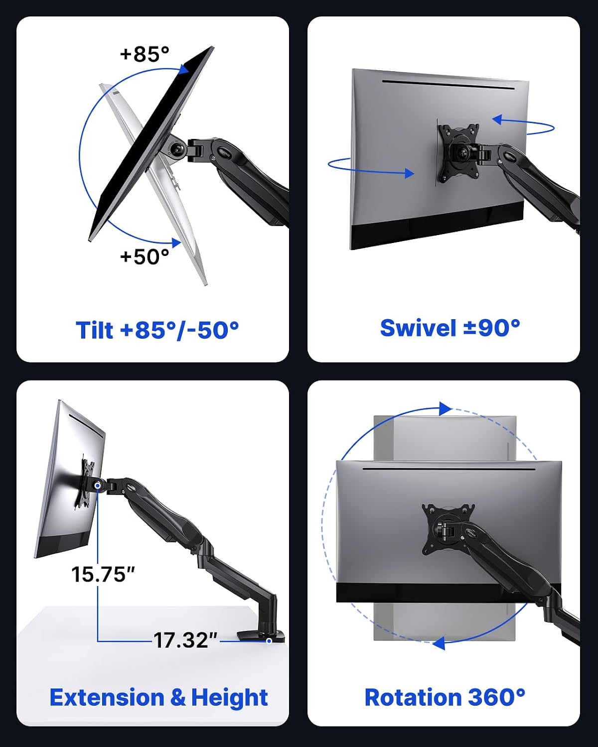 HUANUO FlowLift™ Single Monitor Mount, 13 to 32 Inch Monitor Arm, Adjustable Monitor Stand, Vesa Mount with Clamp and Grommet Base - Fits 4.4 to 19.8lbs LCD Computer Monitors