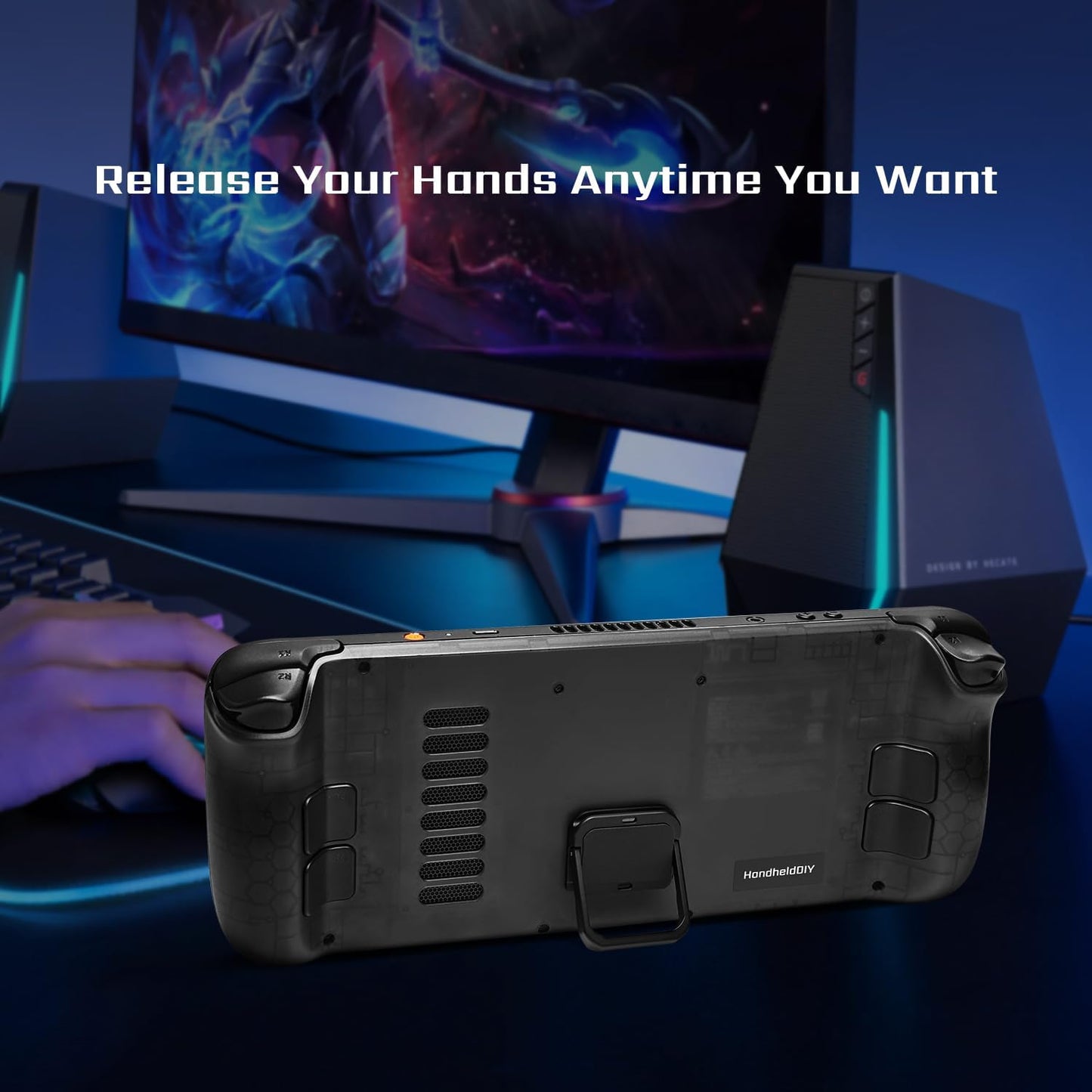 Cooling Modcase for Steam Deck LCD/OLED, Steam Deck Translucent Back Plate Accessories with Foldable Kickstand, Heat Management Shell Case, Easy Installation with Tools (Black)