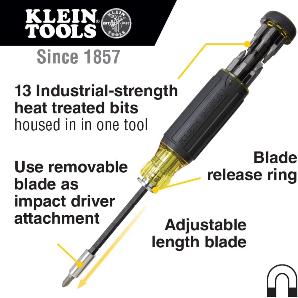 Klein Tools 32303 Multi-Bit Screwdriver/Nut Driver, Impact Rated 14-in-1 Magnetic Screwdriver Set Phillips, Slotted, Square, Combo, Torx
