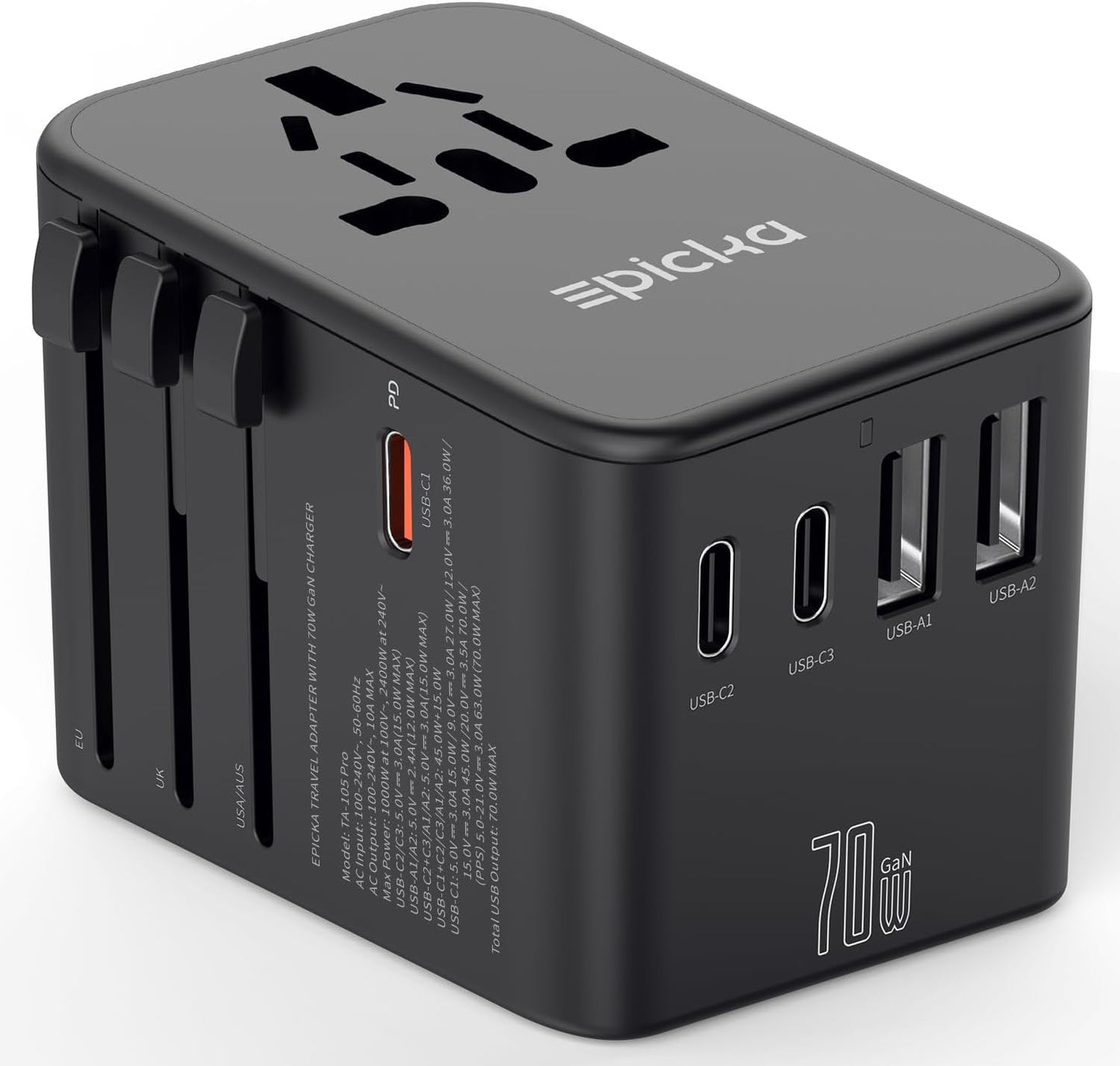 Epicka 70W GaN PD Universal Travel Adapter, 3USB-C/2USB-A | International Power Adapter for EU/US/UK/AU, PD Fast Charging for Multi-Device Travel, TA-105 Pro, Black