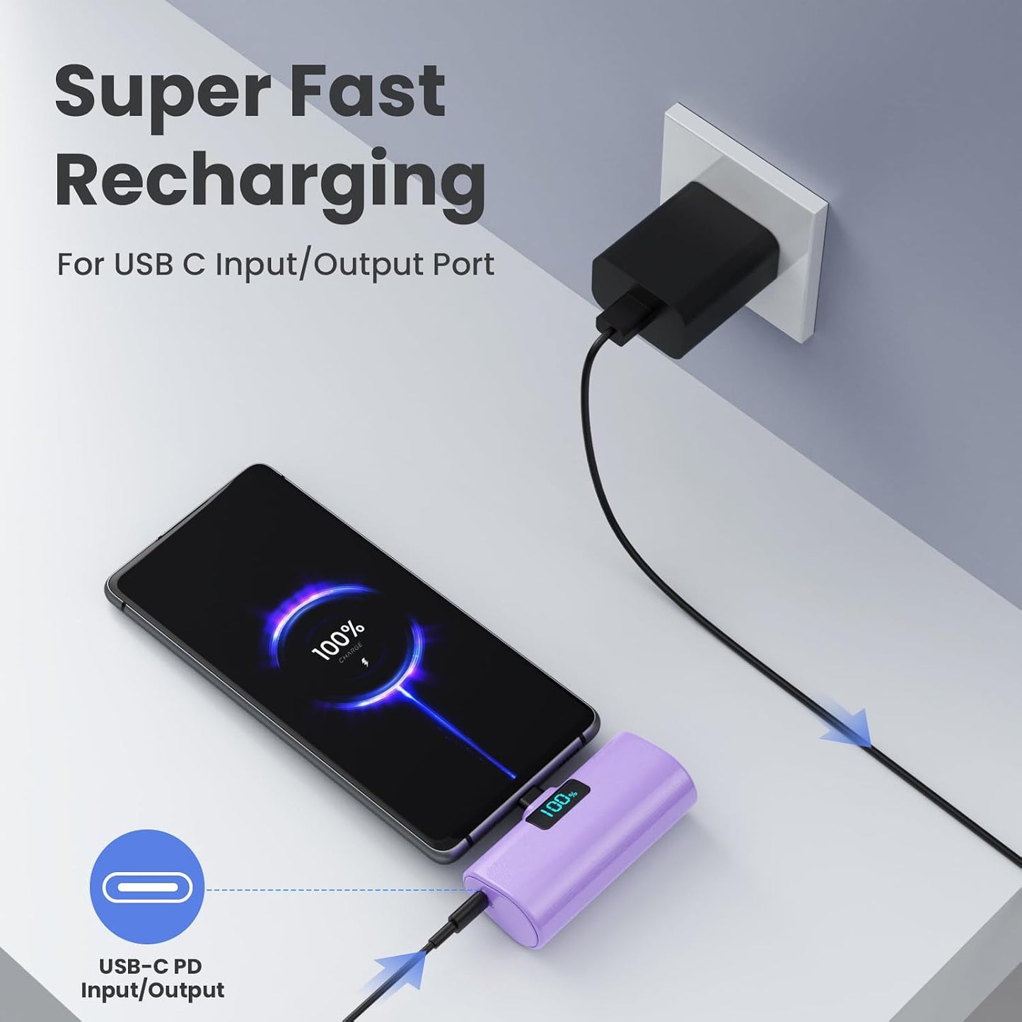 [2-Pack]Portable Charger for iPhone 17/16/15 Series,5200mAh PD USB C Power Bank Built-in USB-C Connector, Battery Pack Compatible with iPhone 17/17 Pro Max/16/15 Series,Galaxy,Android(Black+Purple)
