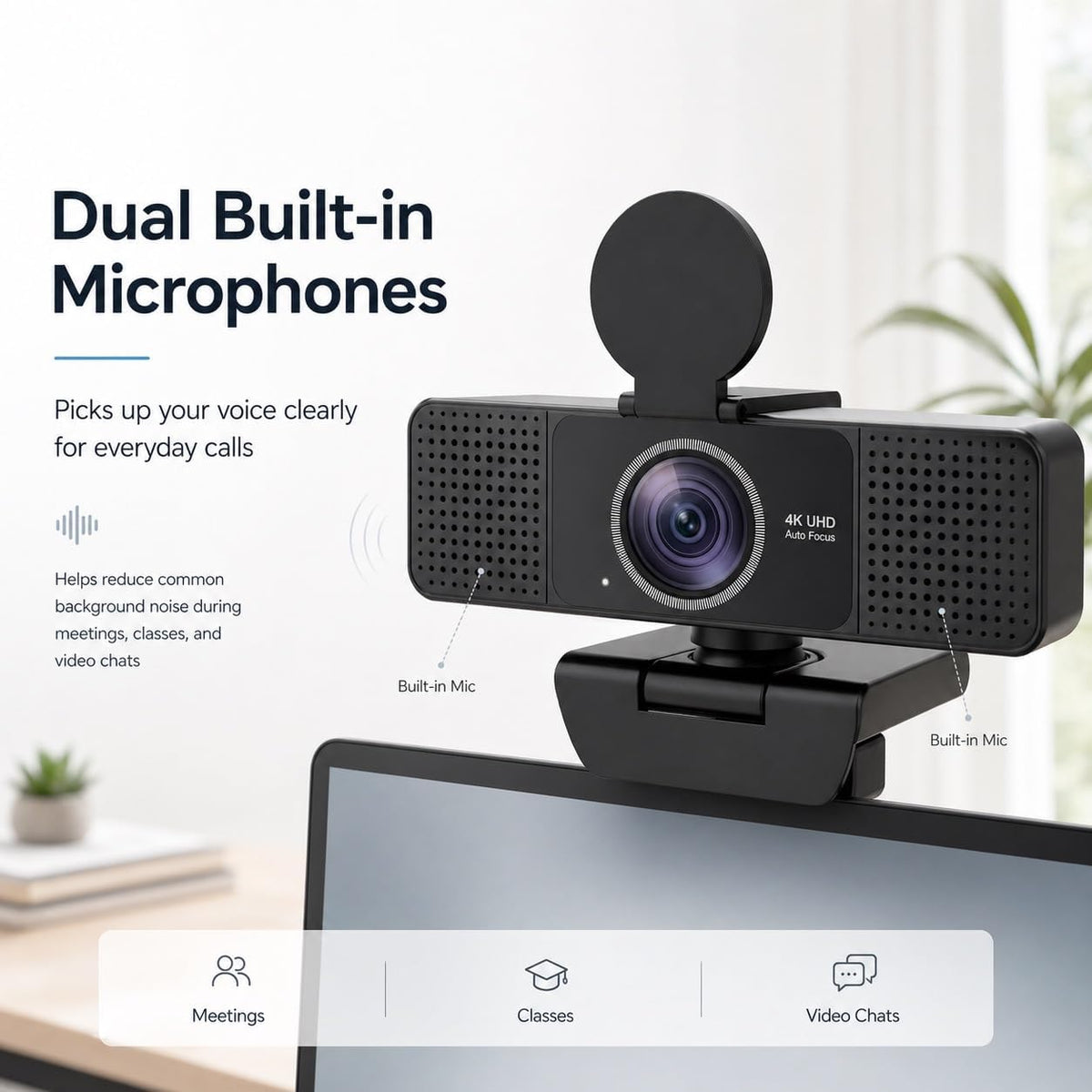 4K Webcam for PC with Dual Microphones,UHD 30fps Web Camera,Autofocus USB Webcam with Privacy Cover,Tripod, Plug & Play Camera for Zoom, Teams, Skype, Streaming, Laptop & Desktop