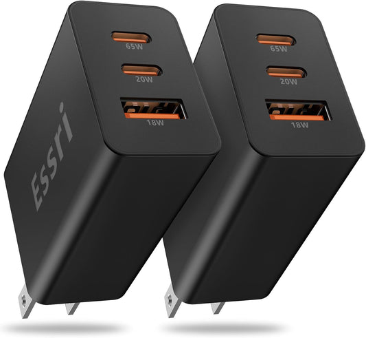 2-Pack 65W USB C Charger Block, 3-Port PD 3.0 Fast Charging Wall Plug | Power Adapter with 65W Type C Ports for iPhone 17/16/15/14/13 Pro Max,for iPad Pro/Air/Mini,Galaxy S26 / S25 and More-Black
