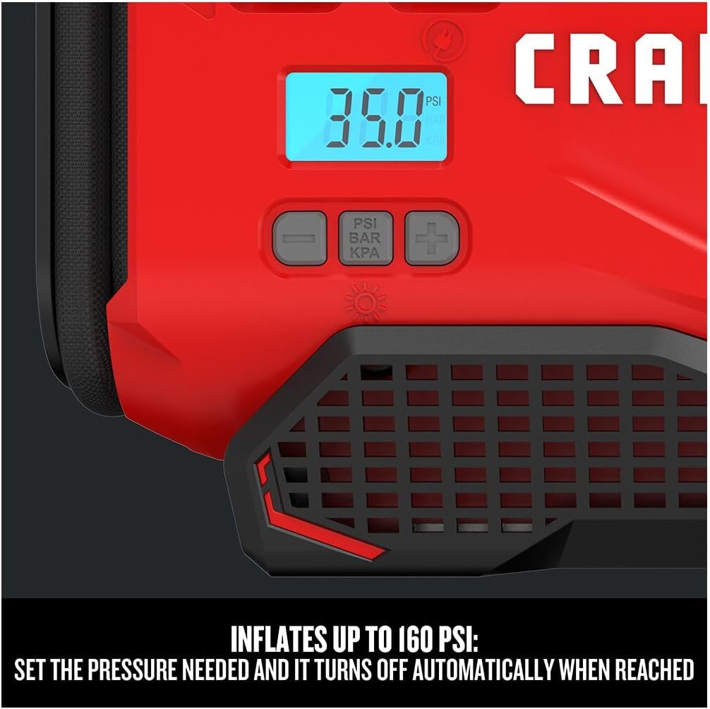 CRAFTSMAN V20 Tire Inflator Portable Air Compressor, Car Air Pump, 3 Modes Tire Pump: Cordless, 120V Corded, and 12V Car Adapter, Battery Sold Separately (CMCE520B)