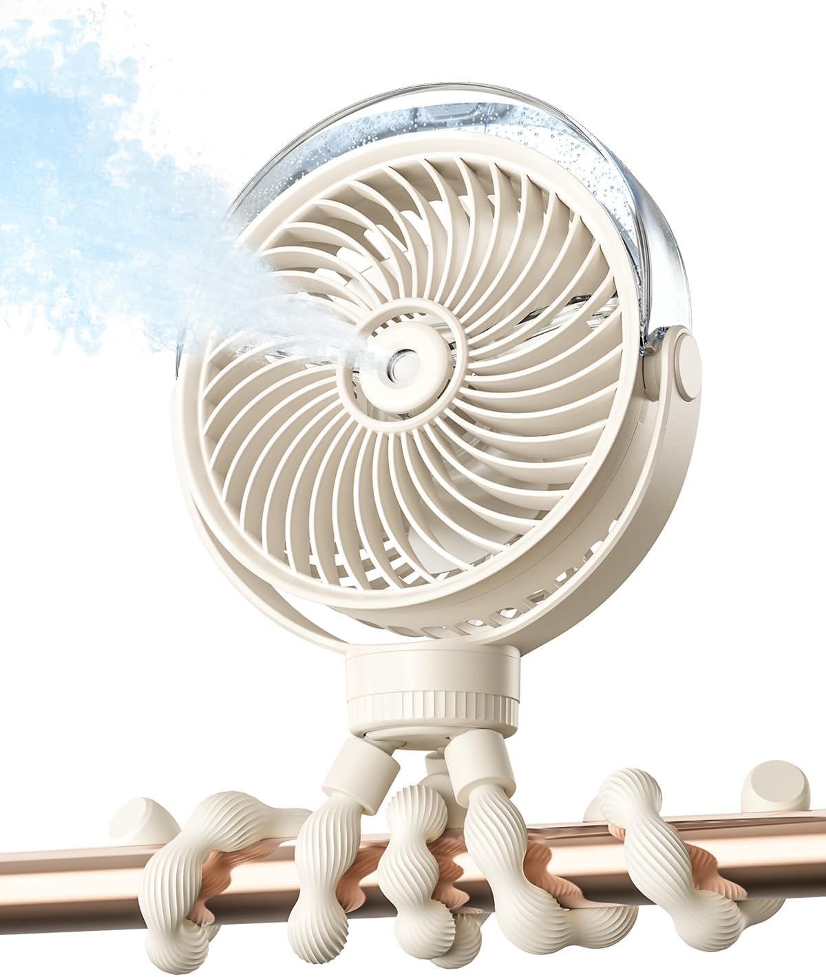 SWEETFULL Misting Stroller Fan – Portable Baby Fan with Spray Cooling, 4 Speeds, Quiet Rechargeable Fans for Travel, Outdoor, Golf Cart, Car Seat, Beach (Beige)