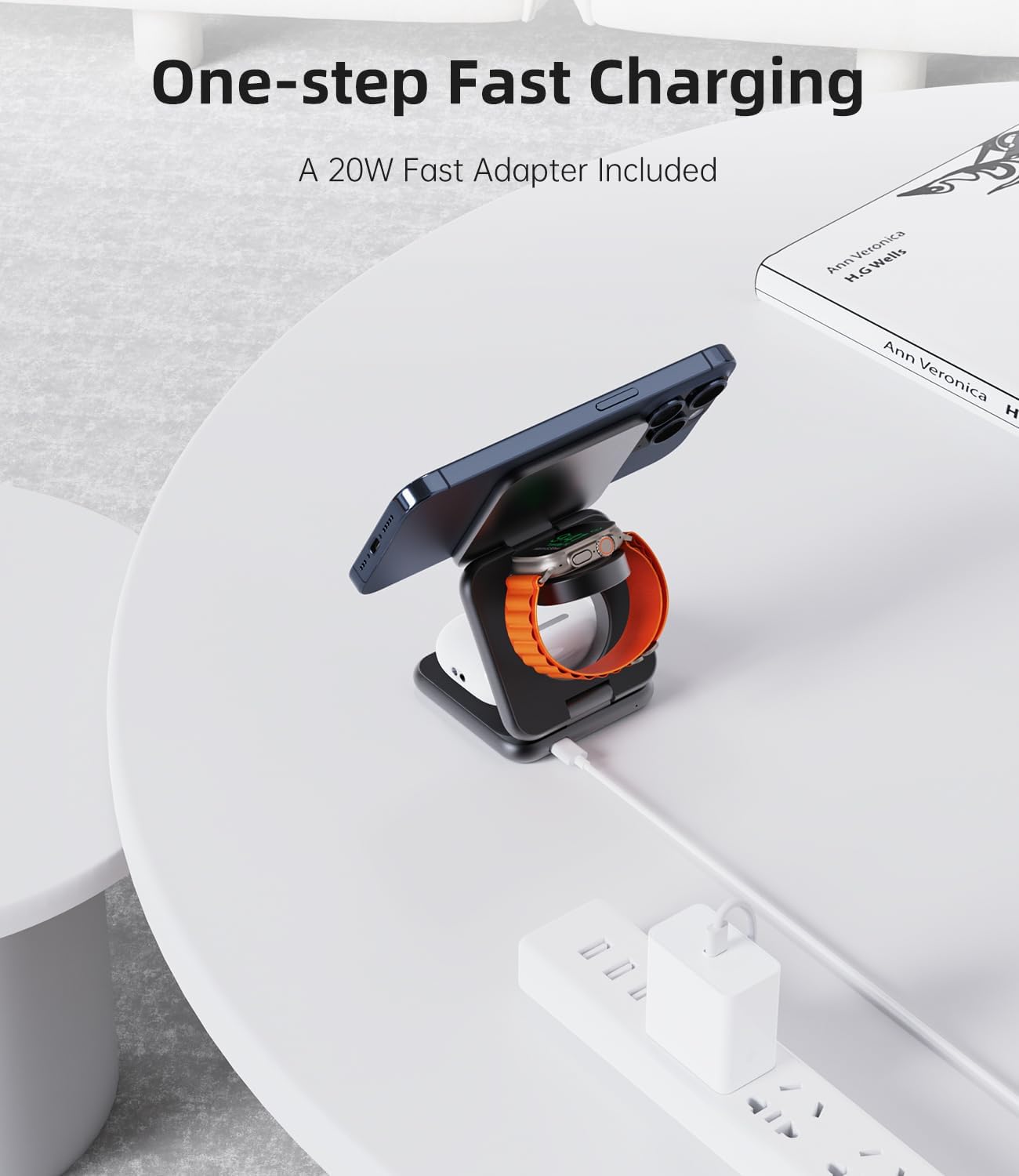 KU XIU Foldable 3-in-1 Magnetic Wireless Charging Station for Apple Devices | Aluminum Alloy Compact Design, Foldable Travel Charger Stand with 20W Adapter for iPhone 17-12, 5W for Apple Watch & AirPods