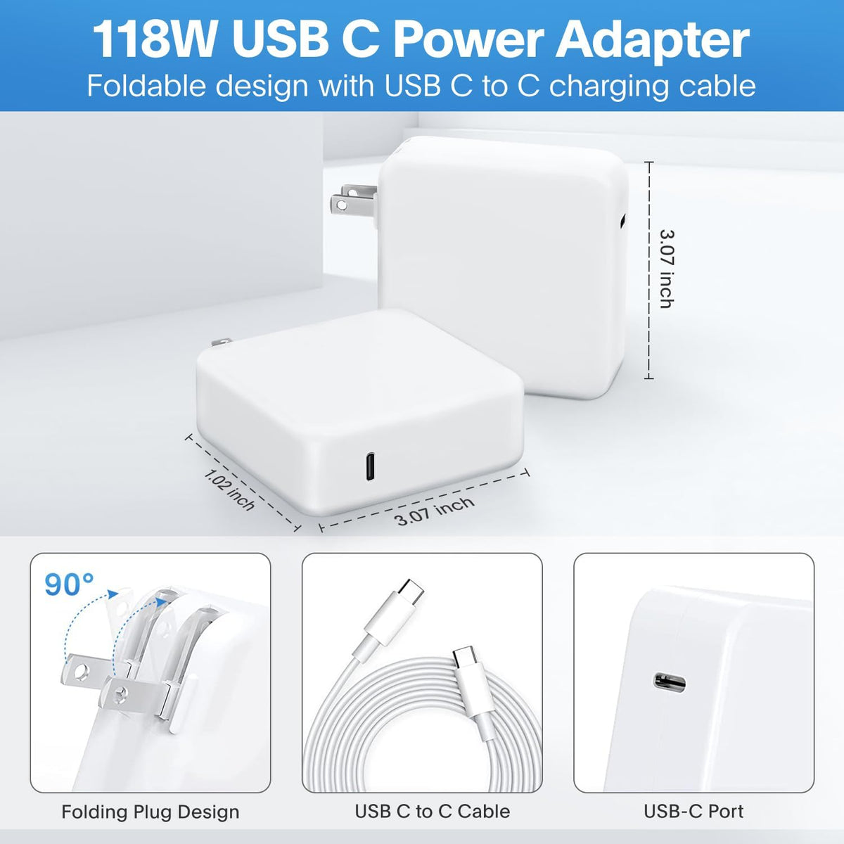 Mac Book Pro Charger - 118W USB C Charger Fast Charger Compatible with MacBook Pro/Air, M1 M2 M3 M4 M5, ipad Pro, Samsung Galaxy and More, Include Charge Cable