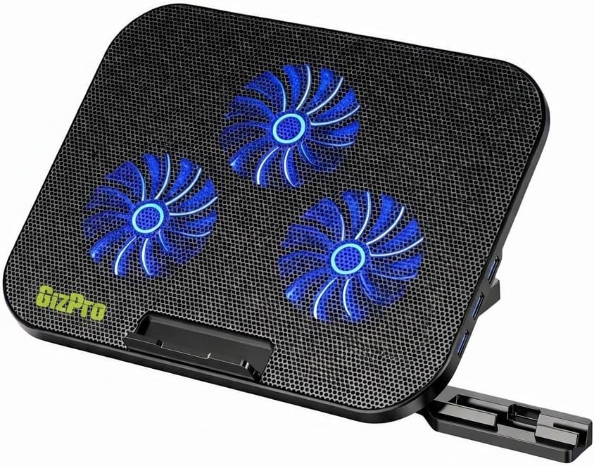 Laptop Cooling Pad with 3 Quiet Fans, 5-Level Height Adjustable Ergonomic Stand, 2 USB Ports & Phone Holder, Fits 12-17 Inch Laptops, Family-Friendly for Gaming/Work/Online Class