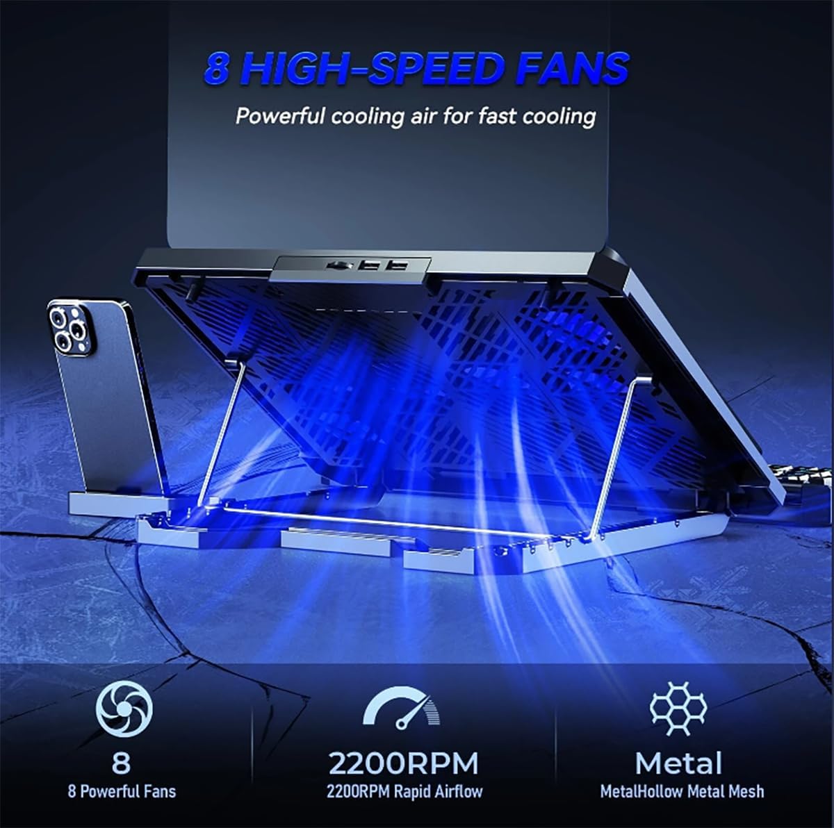 Laptop Cooling pad for Dell Latitude 3340 Gaming laptops, Laptop Cooler with 8 Fans, Adjustable Speed, 5-Level Height Adjustment, Mute Silent,Built-in Phone Stand