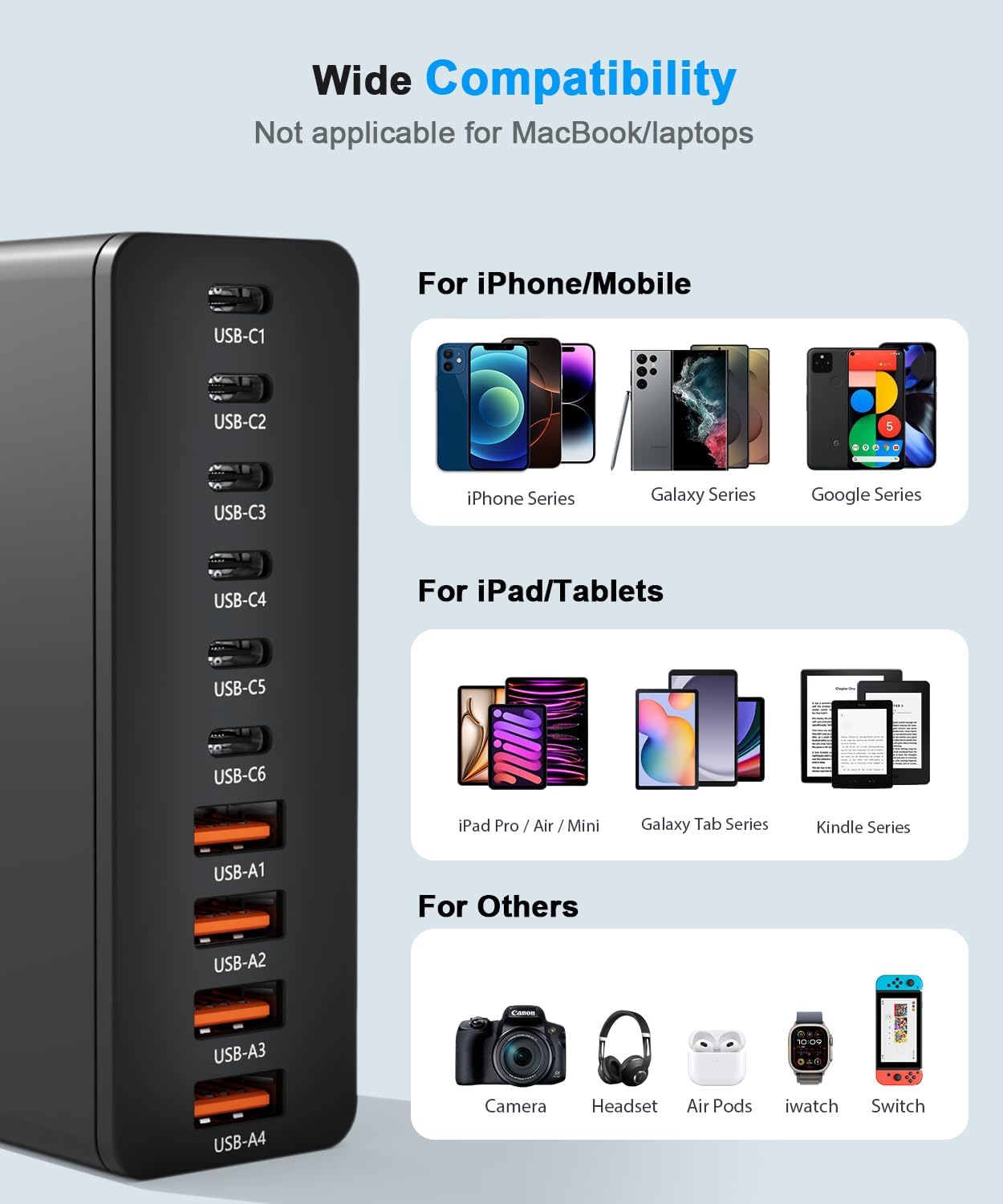 USB C Charging Station 10 Port with 4 Cables,200W GaN Type C Charger Block | Wall Charger Power Strip Adapter Plug for iPad iPhone17 16 15 14 13 12 Pro Max Pixel Note Galaxy Black