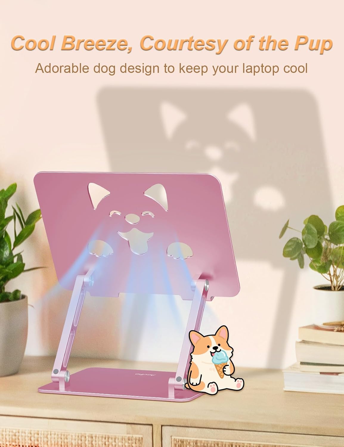 Aoviho Aluminum Laptop Stand for Desk Fit for All 10"-17.3" Laptops, Pink | Height-adjustable Notebook Holder, Ergonomic Computer Riser with Unique Puppy Cooling Vent, for Mac, Dell, Lenovo, HP
