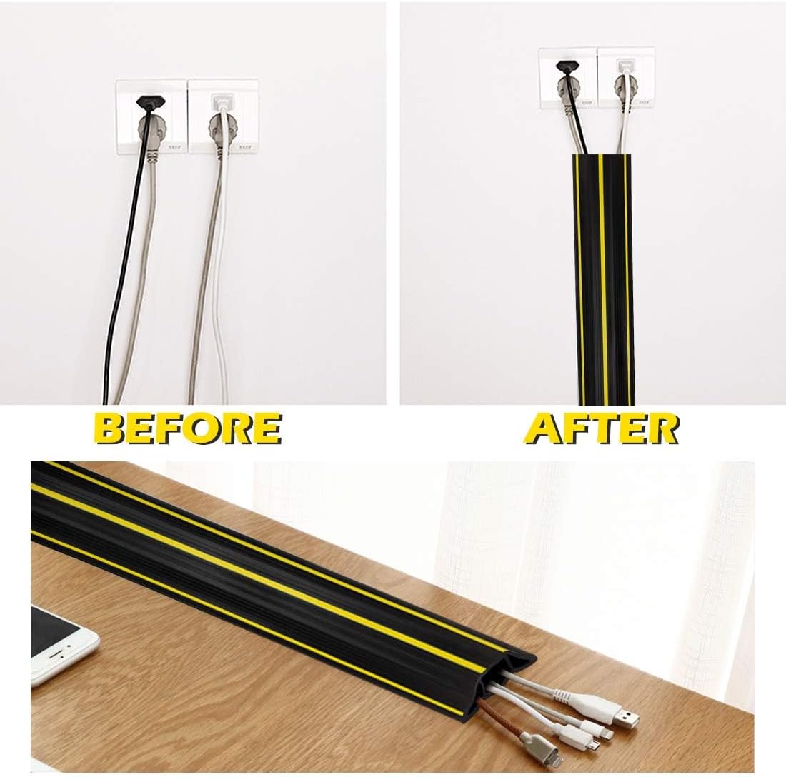 10Ft Cord Covers for Wires on Floor, 3-Channel PVC Floor Cable Cover for Small to Medium Wires, Anti-Slip Base with Yellow Warning Stripes, Indoor Floor Cord Cover for Home Office Events