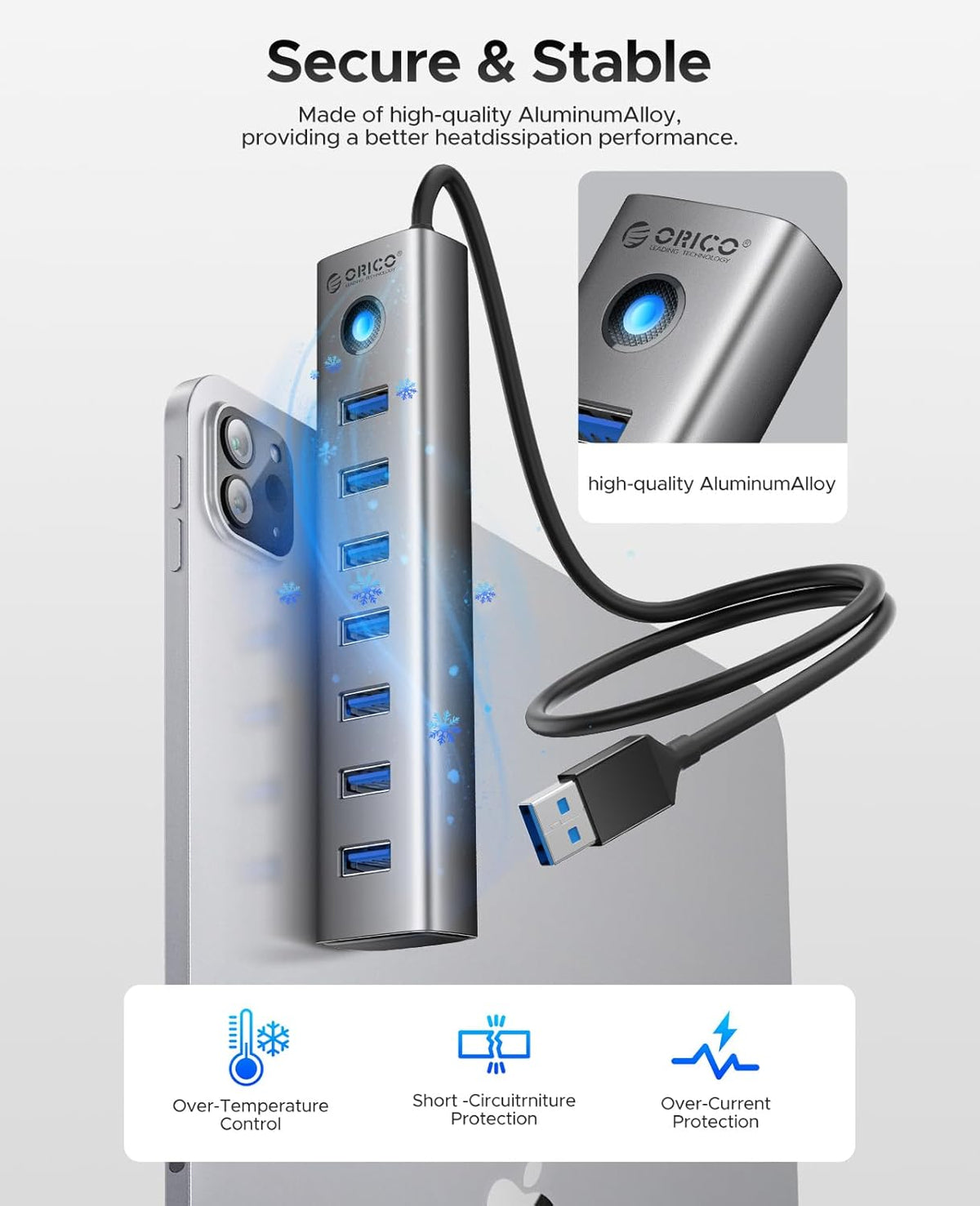ORICO 7-Port USB 3.0 Hub, Aluminum USB Multiple Adapter, 5Gbps USB Extender USB Splitter with 1.64Ft Cable, UBS-A Hub Long Cable for Desktop, PC, Flash Drive, Mobile HDD, Windows/XPS