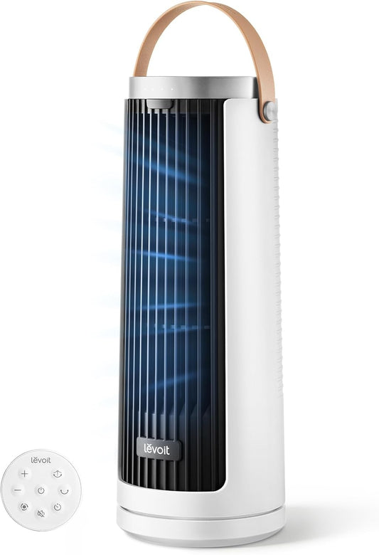 Levoit Tower Fan for Bedroom, 20dB Quiet Desk Fan, Portable Fan with 23ft/s | 3 Angles 4 Speeds Mini Oscillating Fan, DC Motor, Bladeless, Easy to Carry, Remoter, 12H Timer, for Home, Room, Office, White