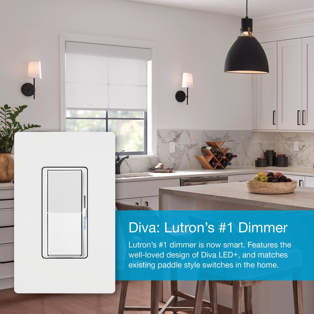 Lutron Caseta Diva Smart Dimmer Switch (Smart Hub Required), No Neutral Req | For Caseta systems, no neutral required, soft glow light bar, single-pole/3-way, DVRF-6L-BR, Brown