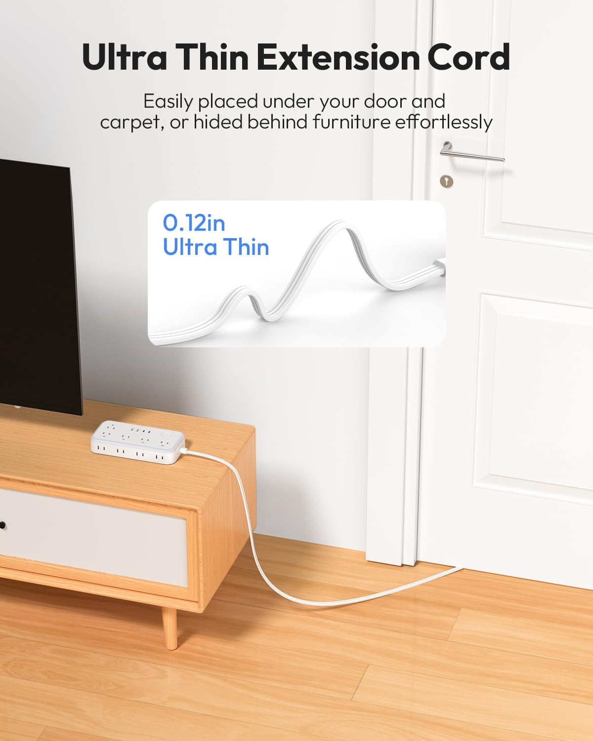 Flat Extension Cord 25 FT, NTONPOWER Long Power Strip, 10 Outlets 4 USB Ports (2 USB C), 3 Side 3 Prong & 2 Prong, Overload Protection, Flat Plug Wall Mount, White, SurgePro