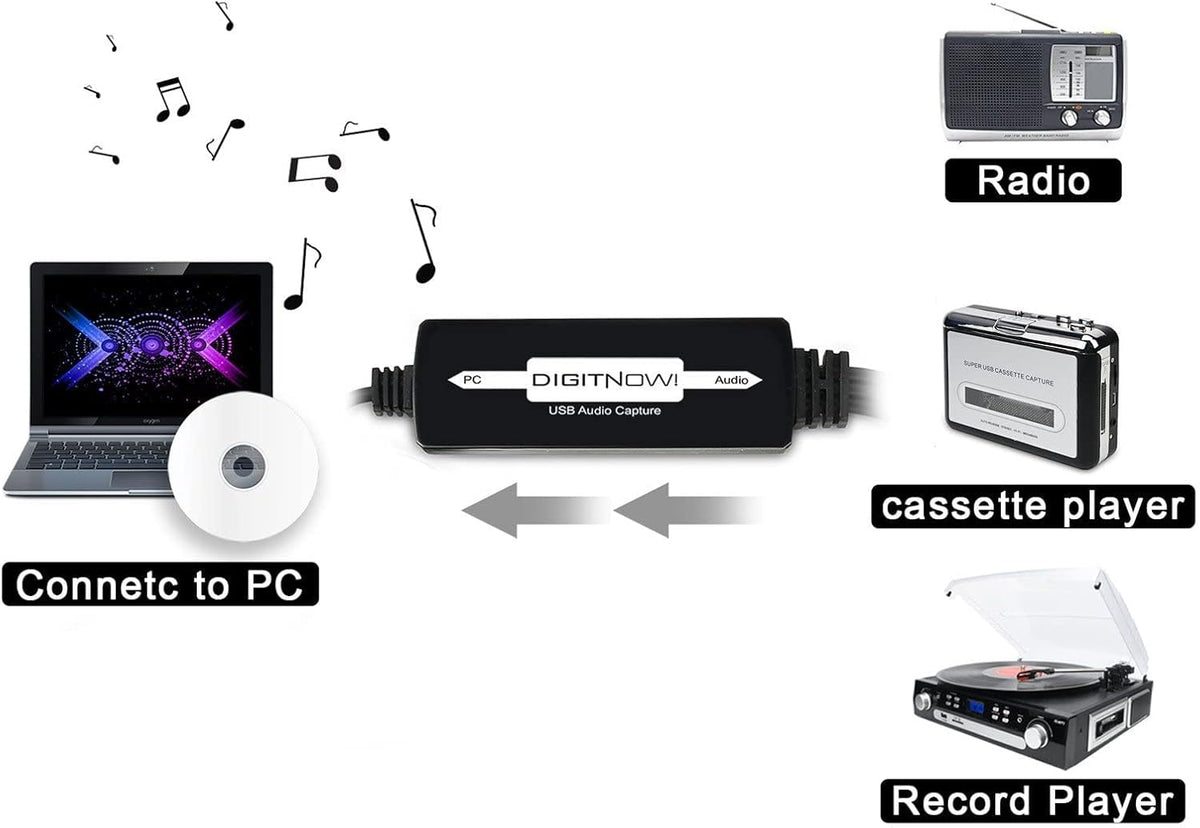 DIGITNOW USB 2.0 Audio Capture Card,Cassette Converter,Cassette to Digital,Cassette to MP3 Converter,Support Mac & Windows 10/8.1/8 / 7 / Vista/XP