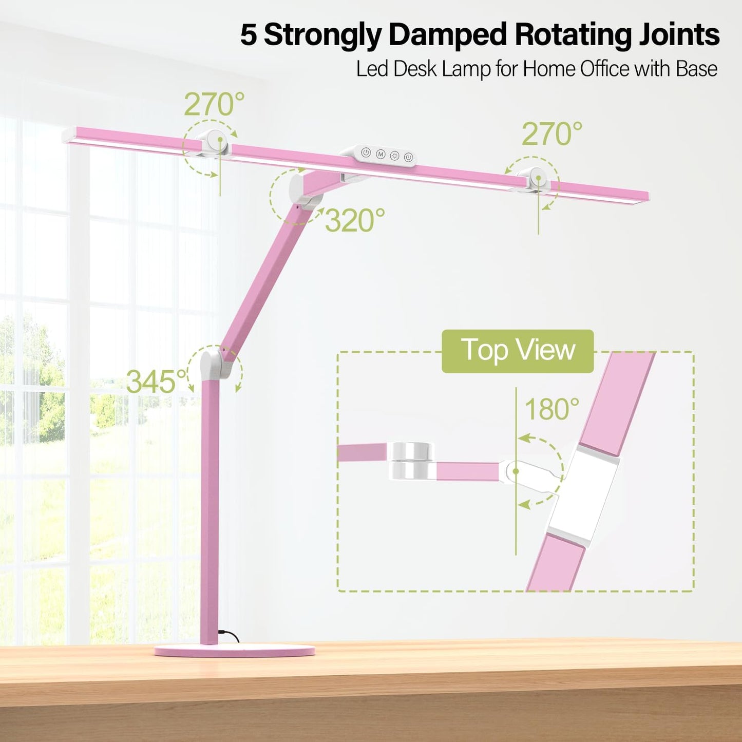 Led Desk Lamp with Base, Adjustable Tall Architect Desk Light for Home Office with Flexible Swing Arm, 24W Pink Bright Table Lamp Auto Dimming Computer Light for Workbench
