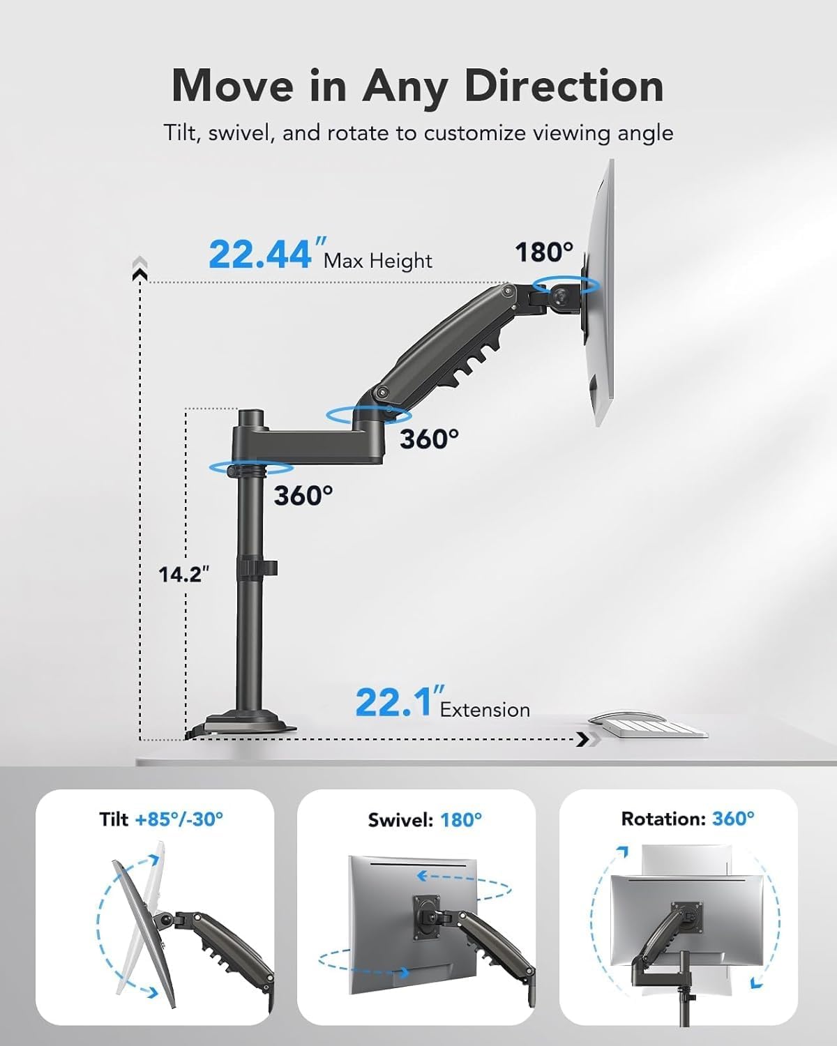 HUANUO Single Monitor Arm, Adjustable Desk Mount for 13-34 inch Screens, Holds 19.8lbs, 22.44 inch Max Height, Full Motion Swivel Gaming Monitor Stand with VESA 75x75mm and 100x100mm Compatibility