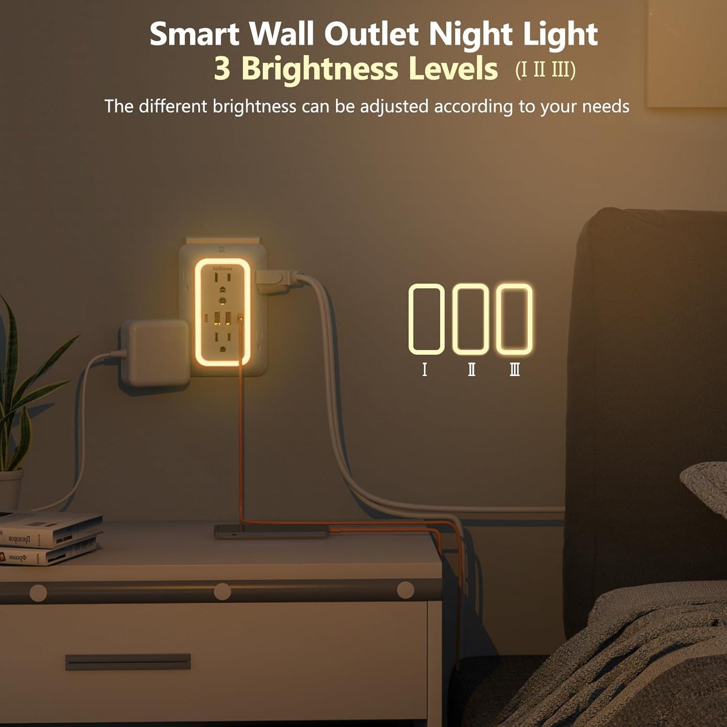 Wall Outlet Extender with Night Light, Power Plug Adapter 6 Outlet Extender with 4 USB Charging Ports 1050J Power Strip Multi Plug Adapter Spaced for Home Travel Office (2U2C)-ETL